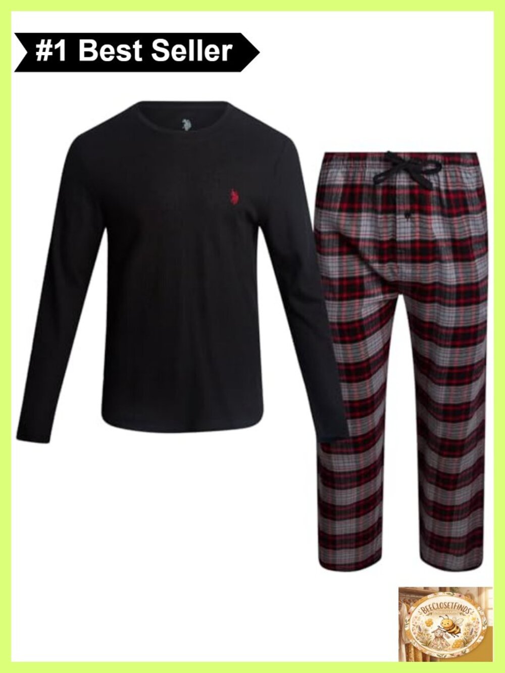 Mens Thermal Pajama Set Waffle Knit Shirt Plaid Pants 2-Piece Sleep Lounge